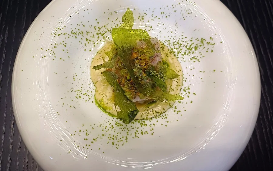 Merluzzetto in verde, pistacchi e mela verde