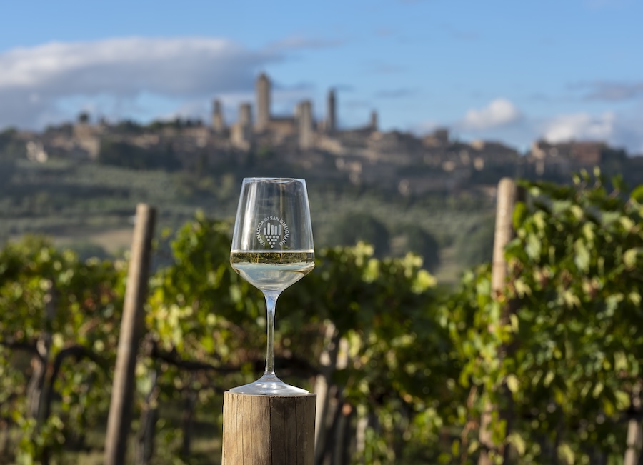 Vernaccia_evidenza_ bicchiere paesaggio logo 3 @ Consorzio Vernaccia S. Gimignano