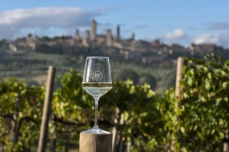 Vernaccia_evidenza_ bicchiere paesaggio logo 3 @ Consorzio Vernaccia S. Gimignano